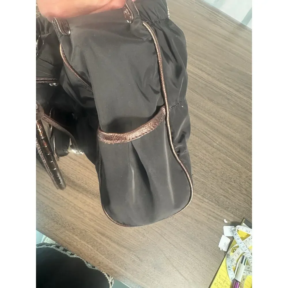 BRIGHTON‎ Purse Camille Black Nylon Ruched Shoulder Bag w/Rosette & Snakeskin